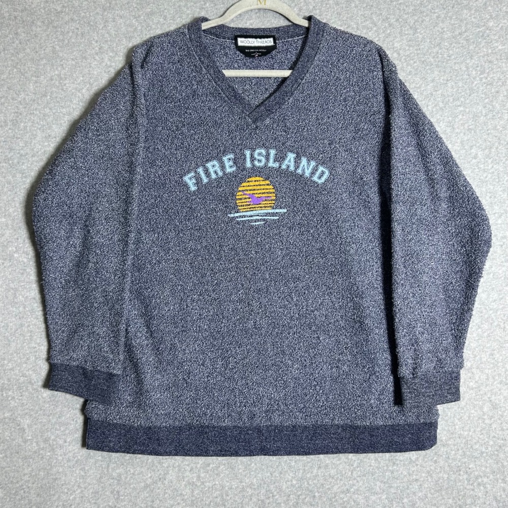 Woolly Threads Fire Island Pullover L Blue V-Neck Textured Knit Coastal Retro